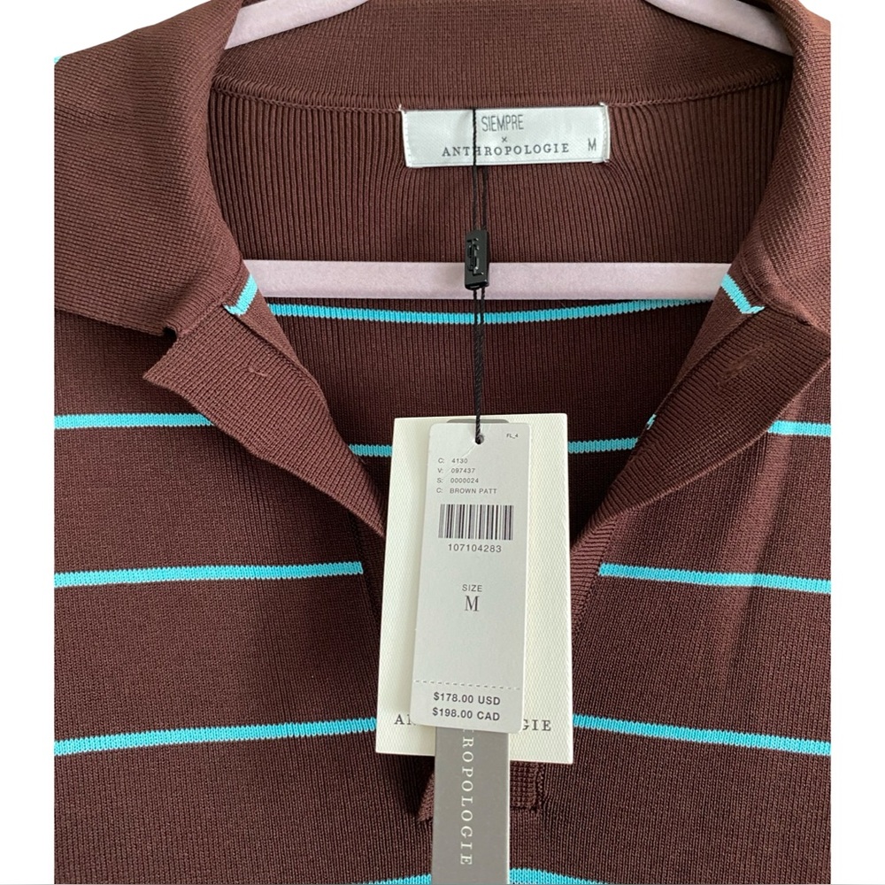 Siempre x Anthropologie Brown Striped Knit Polo Midi Dress Pleated Skirt NWT M - Picture 7 of 7